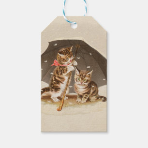 Étiquettes-cadeau Chatons vintage sous parapluie art de chat antique