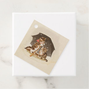Étiquettes Cadeau Chatons vintage sous parapluie art de chat antique