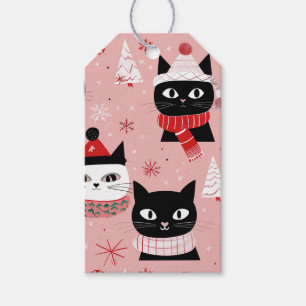 Étiquettes-cadeau Chats de Noël rétro amusants en rose