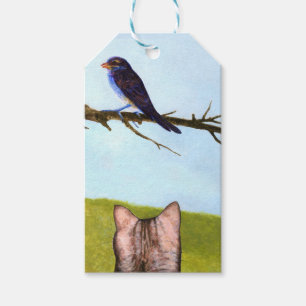 Étiquettes-cadeau Chats tigrés parlent aux oiseaux