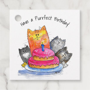 Étiquettes Cadeau Chats Whimsical avec gâteau d'anniversaire
