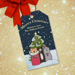 Étiquettes-cadeau Chatte Cartoon Chat Noël Chanteurs Carol en neige