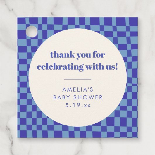 Étiquettes Cadeau Checkerboard Blue Custom Baby Shower Thank You (Devant)