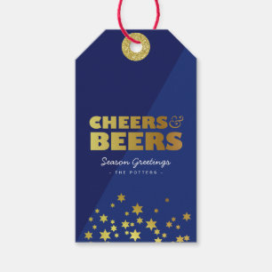 Étiquettes-cadeau Cheers et bières Fun Christmas Blue & Gold