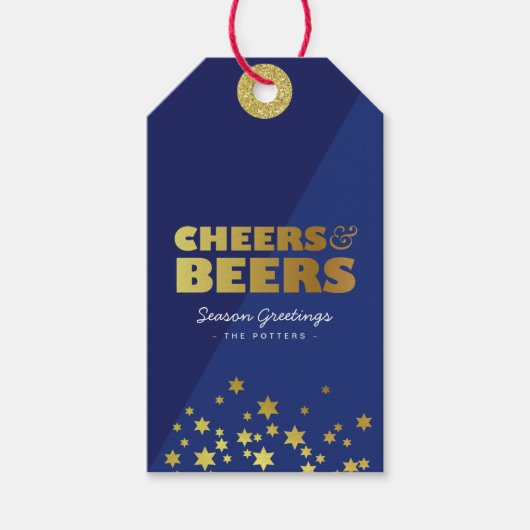 Étiquettes-cadeau Cheers et bières | Fun Christmas Blue & Gold (Devant)