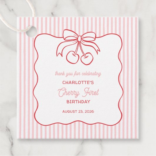 Étiquettes Cadeau "Cherry First" Anniversaire Pink Stripe Bow Merci (Devant)