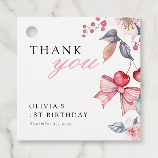 Étiquettes Cadeau Cherry First Pink Bow Coquette 1er Anniversaire (Devant)
