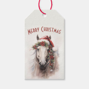 Étiquettes-cadeau Cheval Blanc Santa Chapeau Rouge Poinsettias Noël