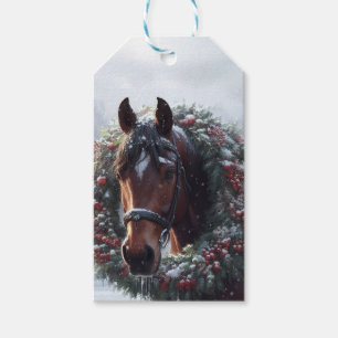 Étiquettes-cadeau Cheval Brown Noël Wreath Snowy Pasture