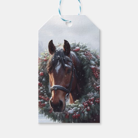 Étiquettes-cadeau Cheval Brown Noël Wreath Snowy Pasture (Devant)