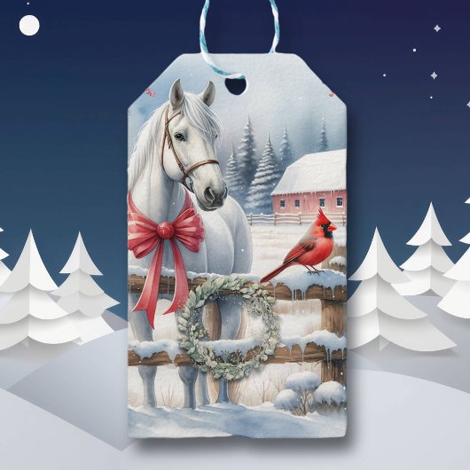 Étiquettes-cadeau Cheval de Noël blanc et cardinal