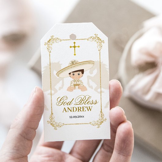 Étiquettes-cadeau Cheval d'or blanc Mexicain garçon Charro Baptême