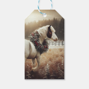 Étiquettes-cadeau Cheval Noël Wreath Snowy Pasture