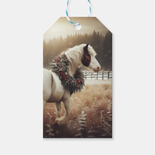 Étiquettes-cadeau Cheval Noël Wreath Snowy Pasture (Devant)