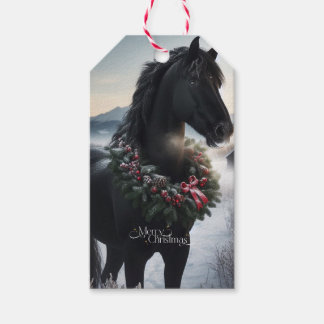 Étiquettes-cadeau Cheval noir dans la neige avec couronne de Noël