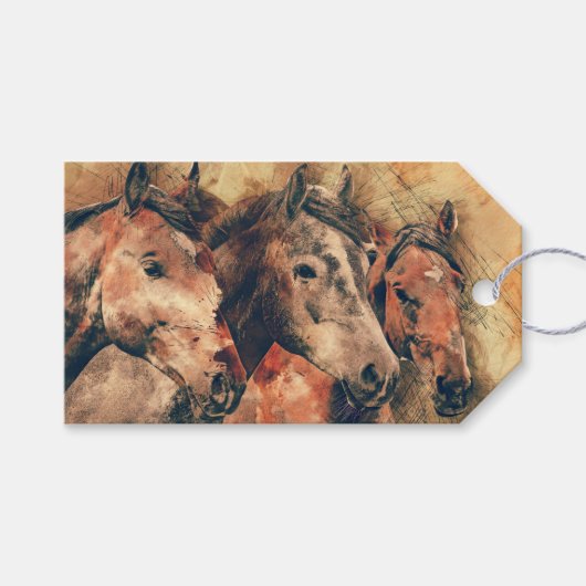 Étiquettes-cadeau Chevaux Peinture d'aquarelle artistique (Devant (Horizontal))