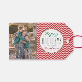 Étiquettes-cadeau Chevron rouge et blanc Photo de Noël personnalisée