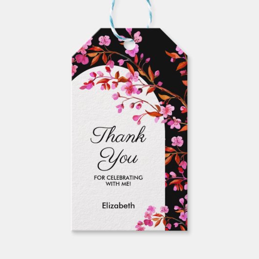 Étiquettes-cadeau Chic cerise en fleurs Sakura noir blanc anniversai (Devant)