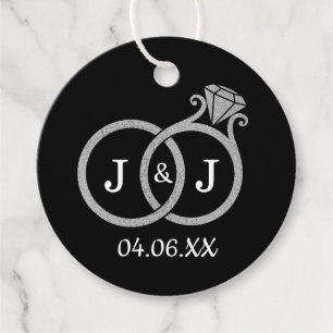 Étiquettes Cadeau Chic Faux Argent Huile Monogramme Mariage Cercles