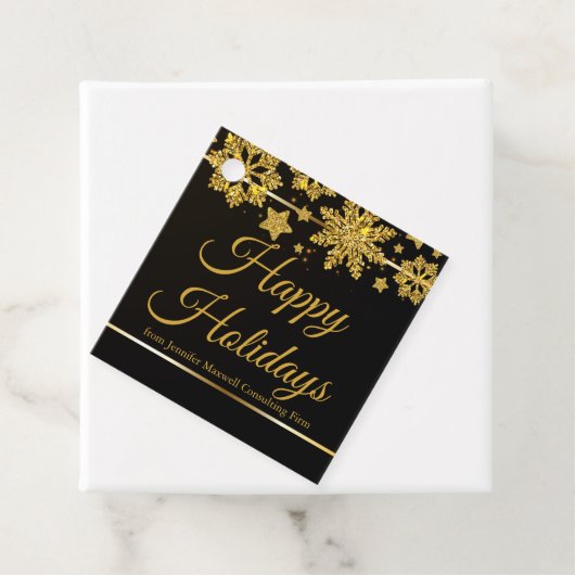 Étiquettes Cadeau Chic Happy Holidays Black Gold Snowflake Custom (En situation)