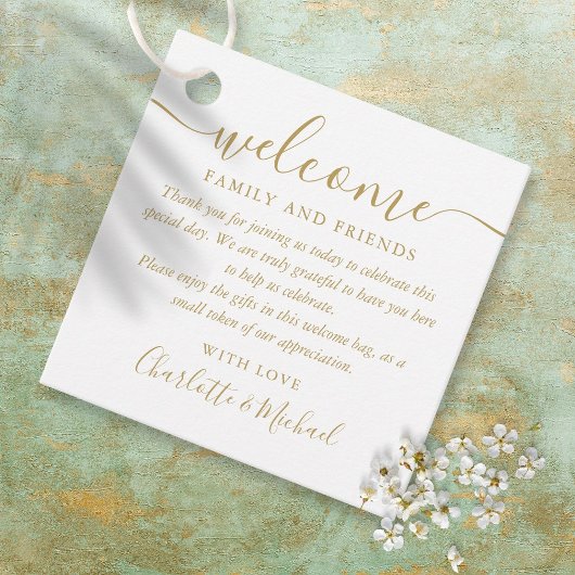Étiquettes Cadeau Chic Mariage de script or Bienvenue Panier cadeau