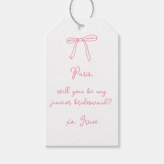 Étiquettes-cadeau Chic Pink Coquette Bow Junior Bridesmaid Propositi (Devant)