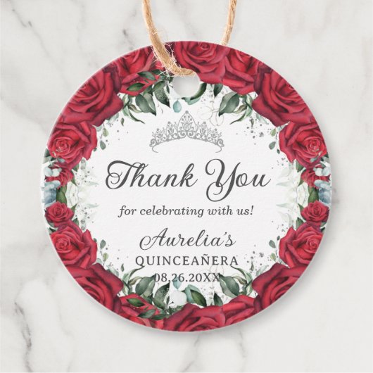 Étiquettes Cadeau Chic Roses Rouges Florales Wreath Argent Princesse (Devant)