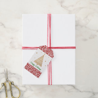 Étiquettes-cadeau Chic rouge foncé blanc Damas Floral Art Motif