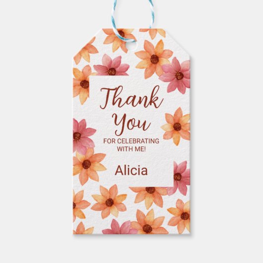 Étiquettes-cadeau Chic Rouge Orange Fleur d'automne Merci d'annivers (Devant)