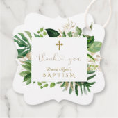 Étiquettes Cadeau Chic Tropical Foliage Merci Script Garçon Baptême (Dos)
