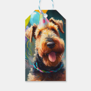 Étiquettes-cadeau Chien Airedale avec chapeau d'anniversaire et ball