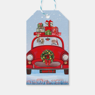 Étiquettes-cadeau Chien Beagle dans une voiture avec le Père Noël
