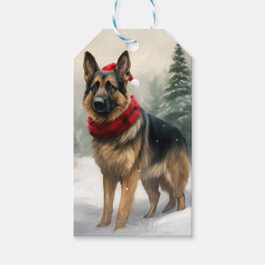 Étiquettes-cadeau Chien berger allemand en Noël de neige (Devant)
