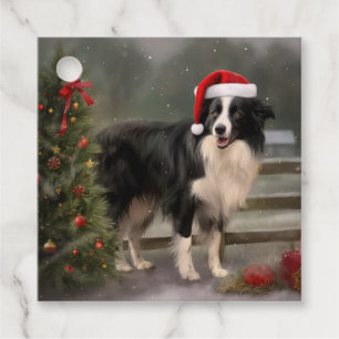 Étiquettes Cadeau Chien Border Collie dans la neige de Noël