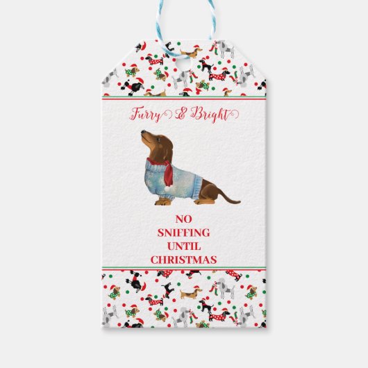Étiquettes-cadeau Chien Dachshund à travers neige Noël Feu brillant (Devant)