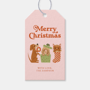 Étiquettes-cadeau Chien de chat de vacances rose Joyeux Noël