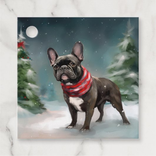 Étiquettes Cadeau Chien de taureau français à Noël de neige (Devant)