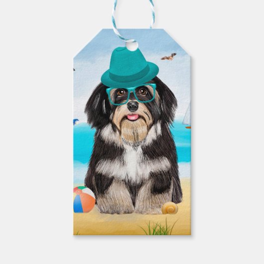 Étiquettes-cadeau Chien Havanais sur la plage (Devant)