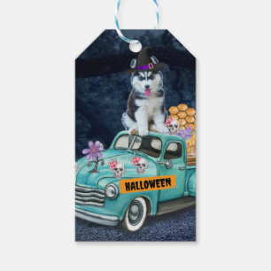 Étiquettes-cadeau Chien Husky Sibérien Halloween Camion Nuit Effraya