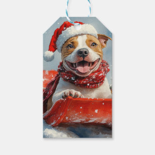 Étiquettes-cadeau Chien Pitbull en traîneau Laissez-le neiger Noël