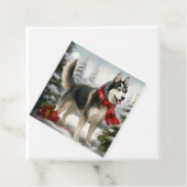 Étiquettes Cadeau Chien sibérien Husky à Noël de neige (En situation)