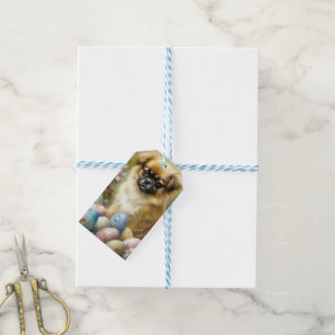 Étiquettes-cadeau Chien Spaniel Tibétain avec œufs de Pâques Vacance