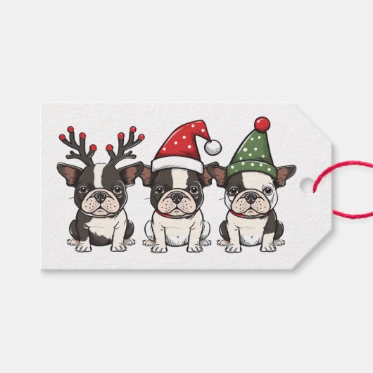 Étiquettes-cadeau Chiens de Noël Boston Terrier (Devant (Horizontal))