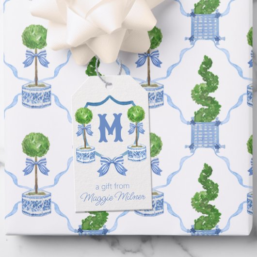 Étiquettes-cadeau Chinoiserie Aquarelle Bow Topior Monogramme Crest