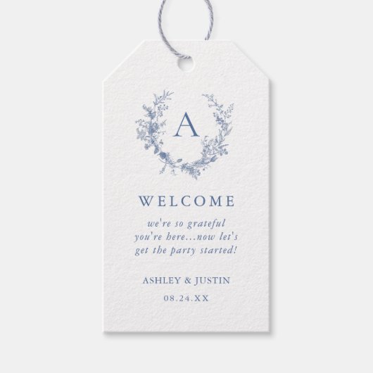 Étiquettes-cadeau Chinoiserie classique Monogramme bleu Mariage Bien (Devant)