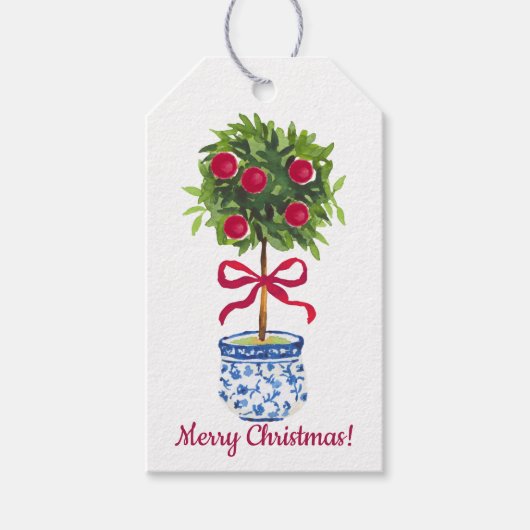 Étiquettes-cadeau Chinoiserie Topiary Noël, Blanc Bleu (Devant)