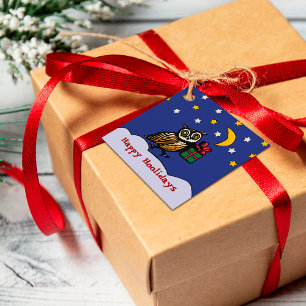 Étiquettes Cadeau Chouette au bois avec cadeau Nuit neige et hiver