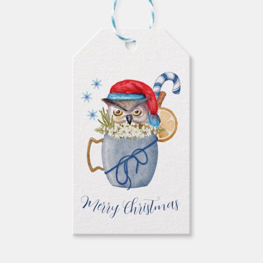 Étiquettes-cadeau Chouette de Noël amusante Chouette rouge Santa Cha (Devant)