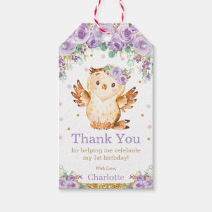 Étiquettes-cadeau Chouette florale pourpre 1er anniversaire Merci de