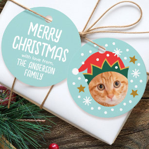 Étiquettes Cadeau Christmas Custom Photo Name Funny Elf Blue Cadeau